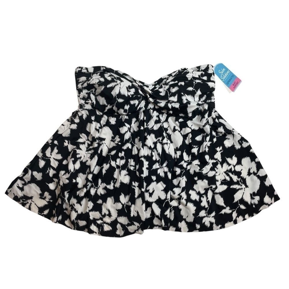 Swim Solutions Black White Floral Flyaway Bandeau Tankini Swim Top Size 14 New